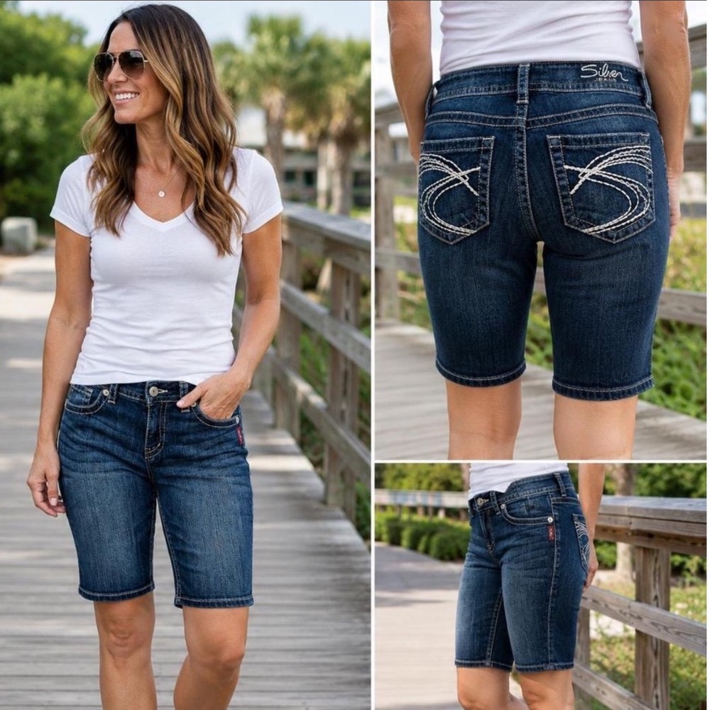 Silver Jeans Co Suki Bermuda Shorts Dark Wash Thick Stitch Low Rise Denim W26‎